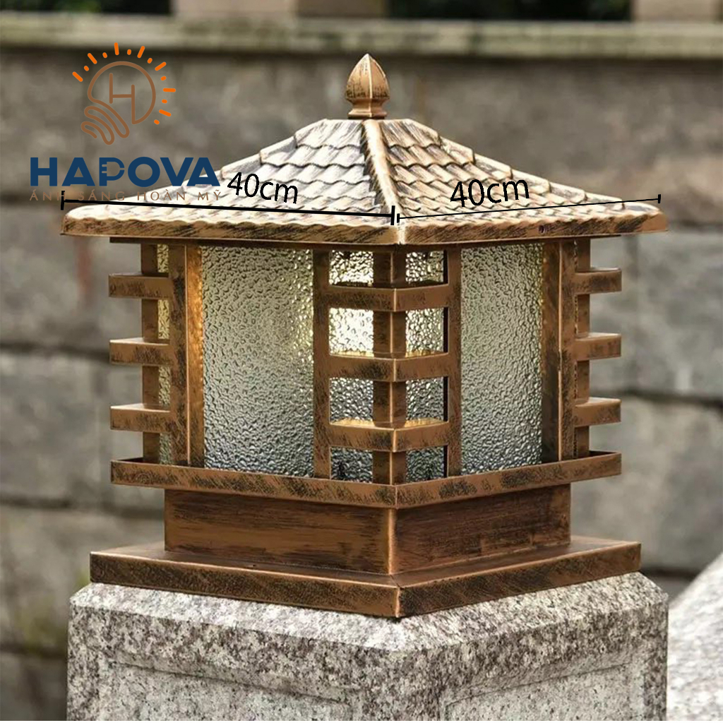 Đèn trụ cổng mái chùa cỡ 400mm HAPOVA LASPER 802 Kèm bóng 9W Vàng