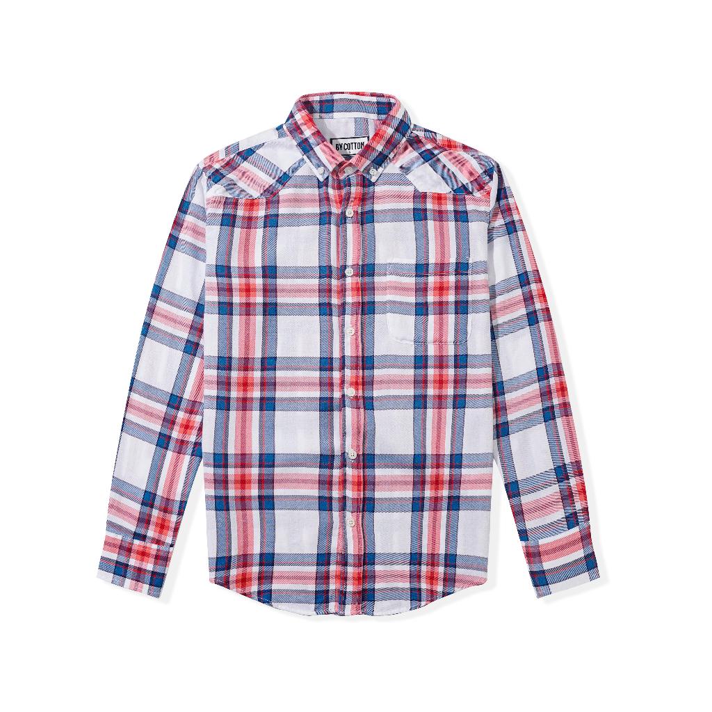 Áo Sơ Mi Nam Dài Tay Phối Sọc BY COTTON Red Blue Checked 1022
