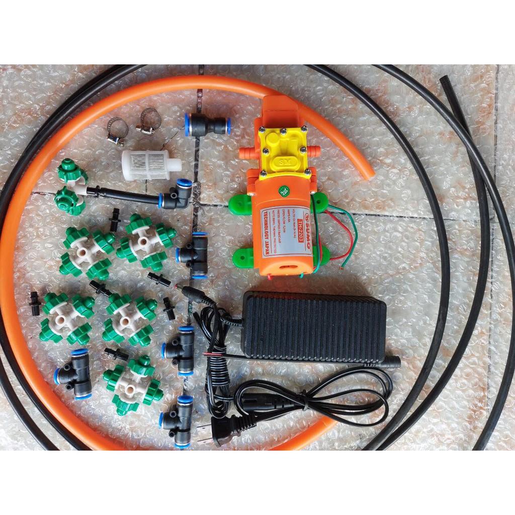 Bộ phun sương, tưới lan. bơm mini SuMo cam. kèm nguồn 12v_5a. 8 béc 4 hướng, 15m dây phun. 1m dây hút hoàn chỉnh