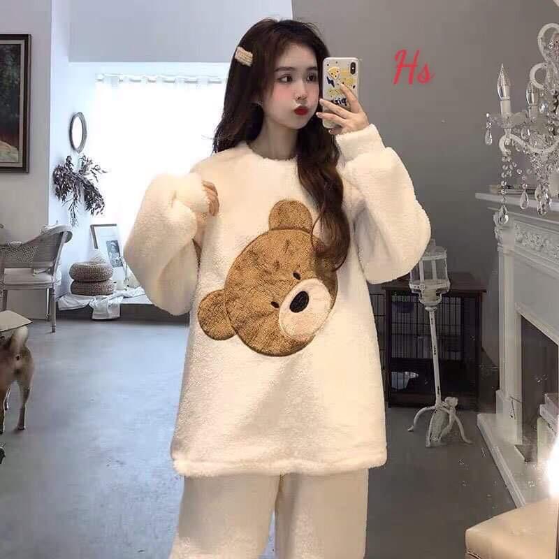 Bộ Ngủ Nữ Lông Mặt Gấu, Set Nữ Dài Tay Thêu Hình 2 Màu ĐEN TRẮNG