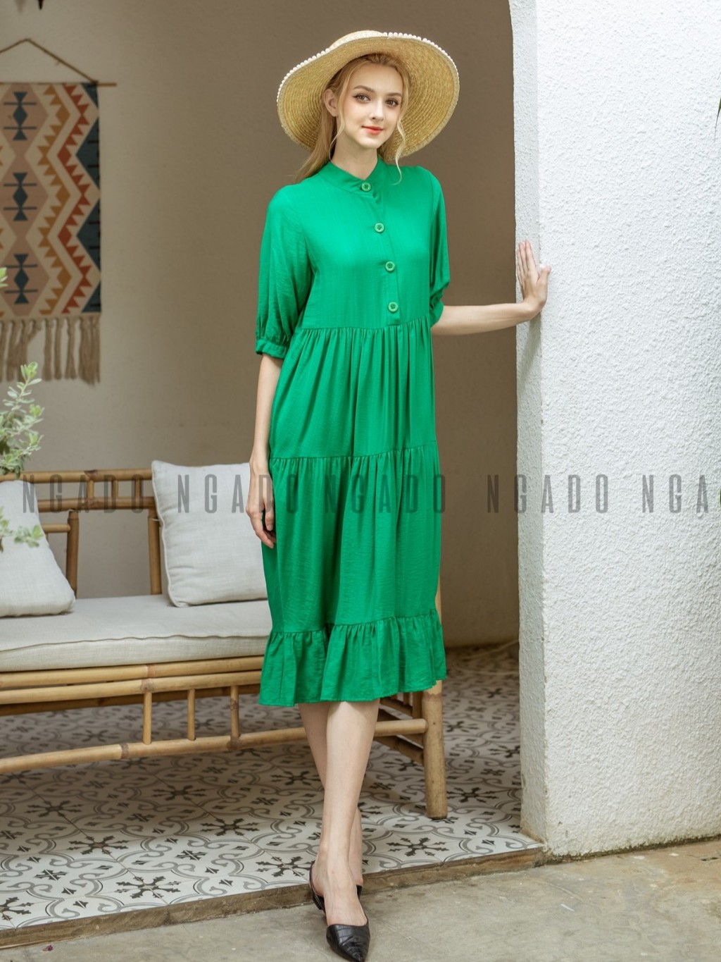 Đầm xanh lá tay lửng NGADO