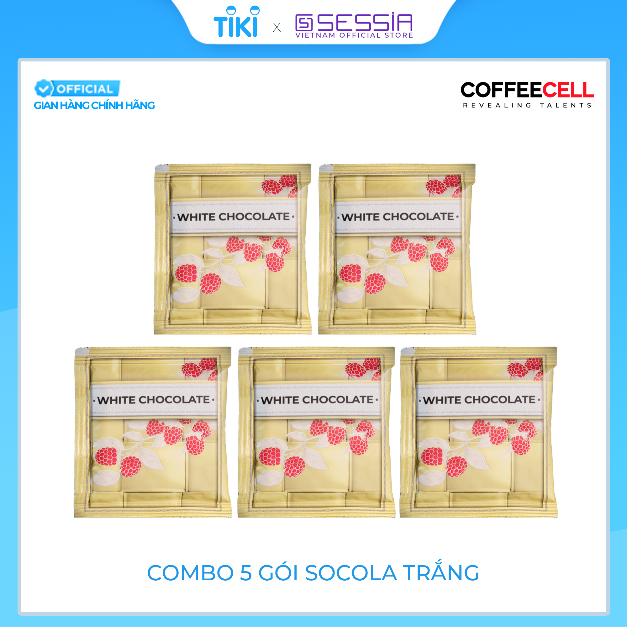 Combo 5 Gói Socola Trắng Premium Với Quả Mâm Xôi Và Nhân Sâm Trắng Thượng Hạng COFFEECELL (5 gói x 15g) - Vị ngọt quyến rũ không chứa calo - Hàng Chính Hãng