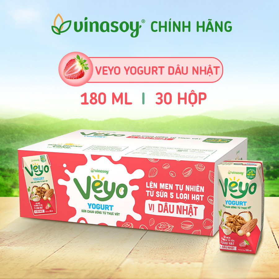 Thùng Sữa chua uống từ thực vật Veyo Yogurt ( 180ml x 30 Hộp) - Vị Dâu Tây Nhật