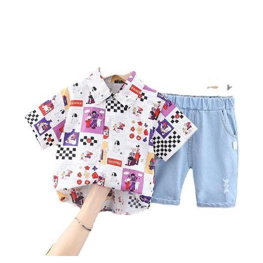 Set Bộ Sơ Mi Tay Ngắn Hoạ Tiết  Hoạt Hình Phối Quần Short Jean