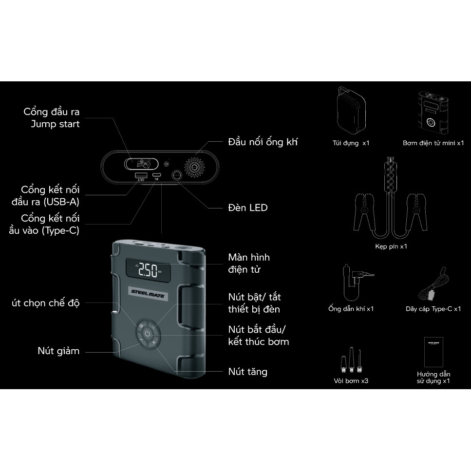 Bơm Điện Tử Mini + Kích Bình T8 Pro STEELMATE Dành Cho Xe Hơi