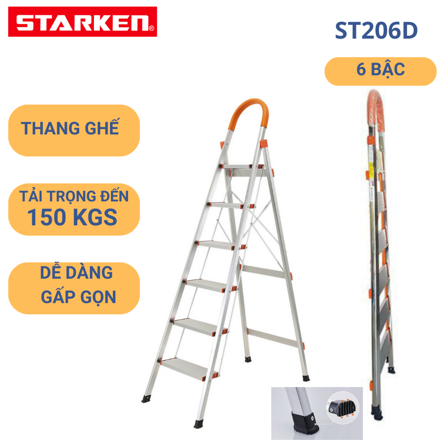 Thang ghế nhôm 6 bậc STARKEN ST206D tải trọng 150kgs- Hàng chính hãng bảo hành 18 tháng