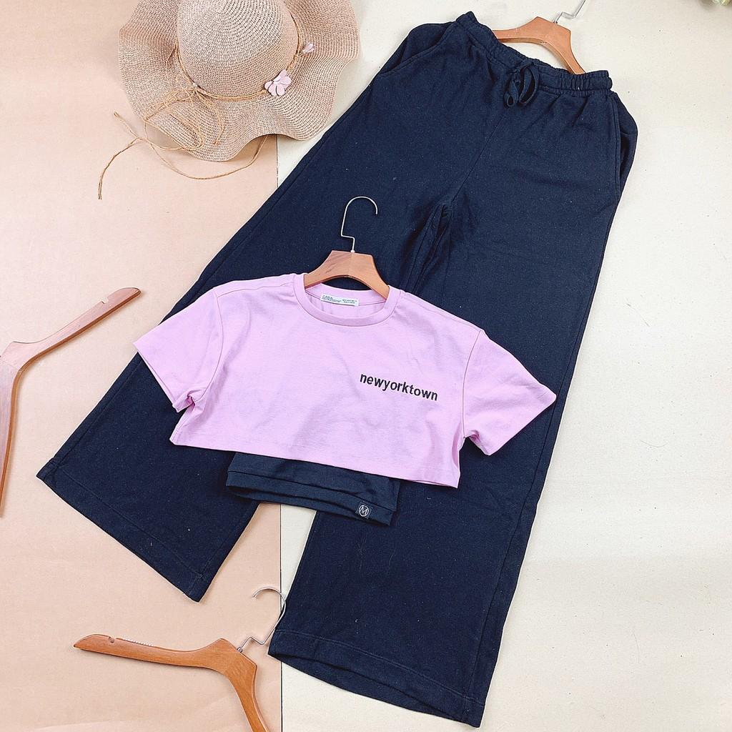 Set Combo Bộ Thun Hở Eo 2 Áo Kép Croptop Và Áo Dây Kèm Quần Da Cá Ống Rộng Hàn Quốc 2021 Siêu Xinh Năng Động