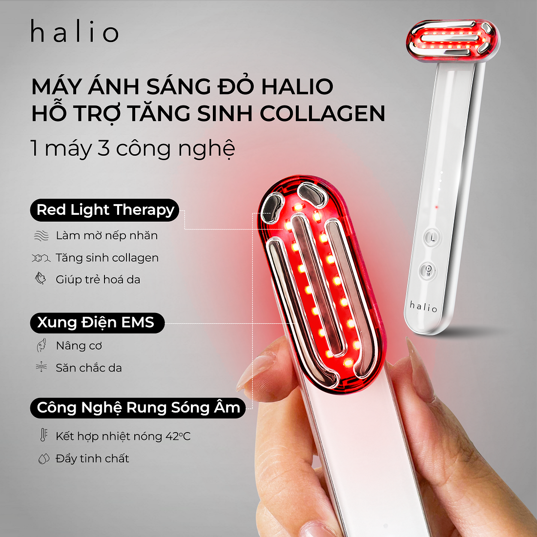 Máy Ánh Sáng Đỏ Giúp Trẻ Hoá Da Halio Red Light Therapy Device 3 in 1 - Hàng Chính Hãng