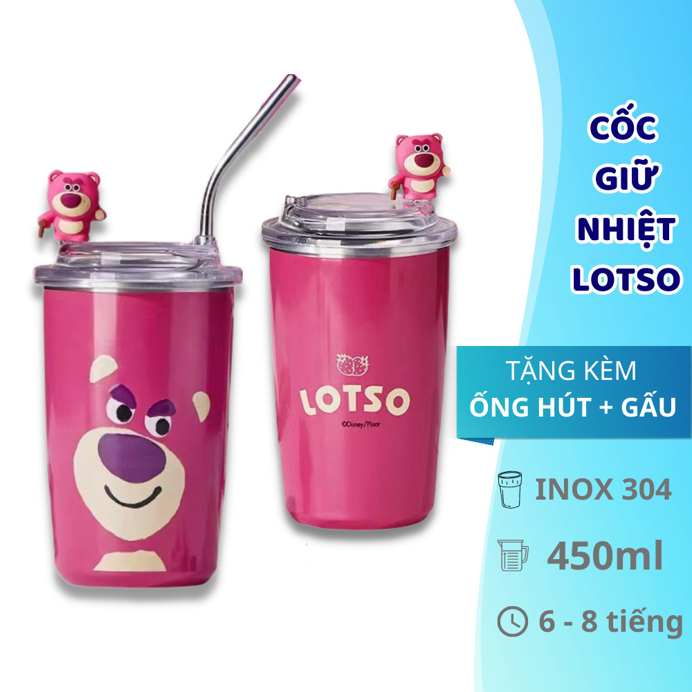 Ly Giữ Nhiệt Inox Hình Gấu Hồng StrawBerry 450Ml Kèm Ống Hút Inox