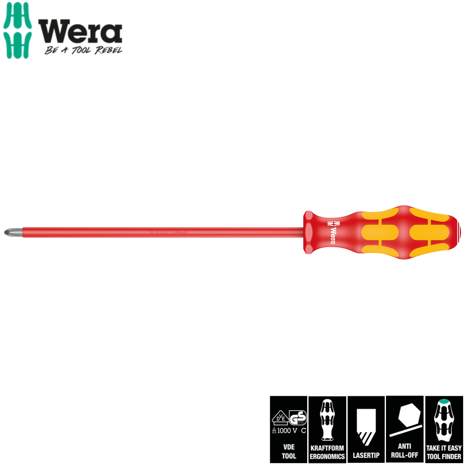 Tua vít 4 cạnh cách điện dài 200m Wera 05006159001 162 i PH VDE PH2 x 200mm với Lasertip chống trượt