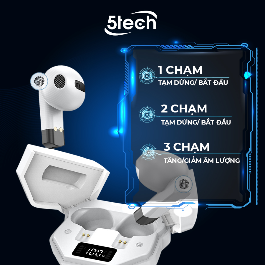 Tai nghe bluetooth 5TECH không dây hàng chính hãng, tai phone nhét tai TWS 5.0 kết nối nhanh, ổn định, màn hình LED nghe nhạc chơi game âm thanh cực đỉnh 