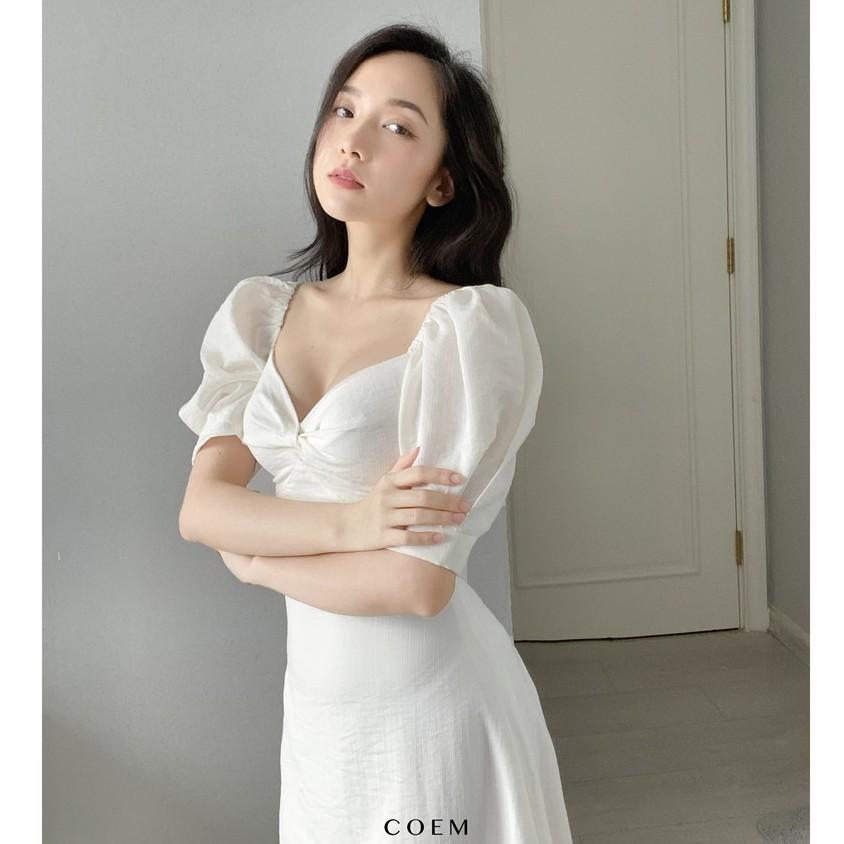 Đầm Dáng Dài Cup Ngực Cách Điệu Tay Phồng Màu Trắng Chât Liệu Linen Cao Cấp CO EM Thiết Kế Phù Hợp Mọi Lúc Mọi Nơi