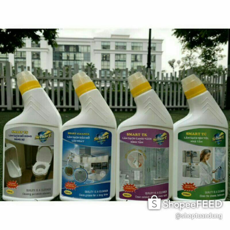 Combo 4 Chai Nước Tẩy Rửa SMART:u Tẩy kính siêu sạch, sen vòi inox, Tẩy dầu mỡ đồ nhà bếp, dung dịch làm sạch đồ sứ