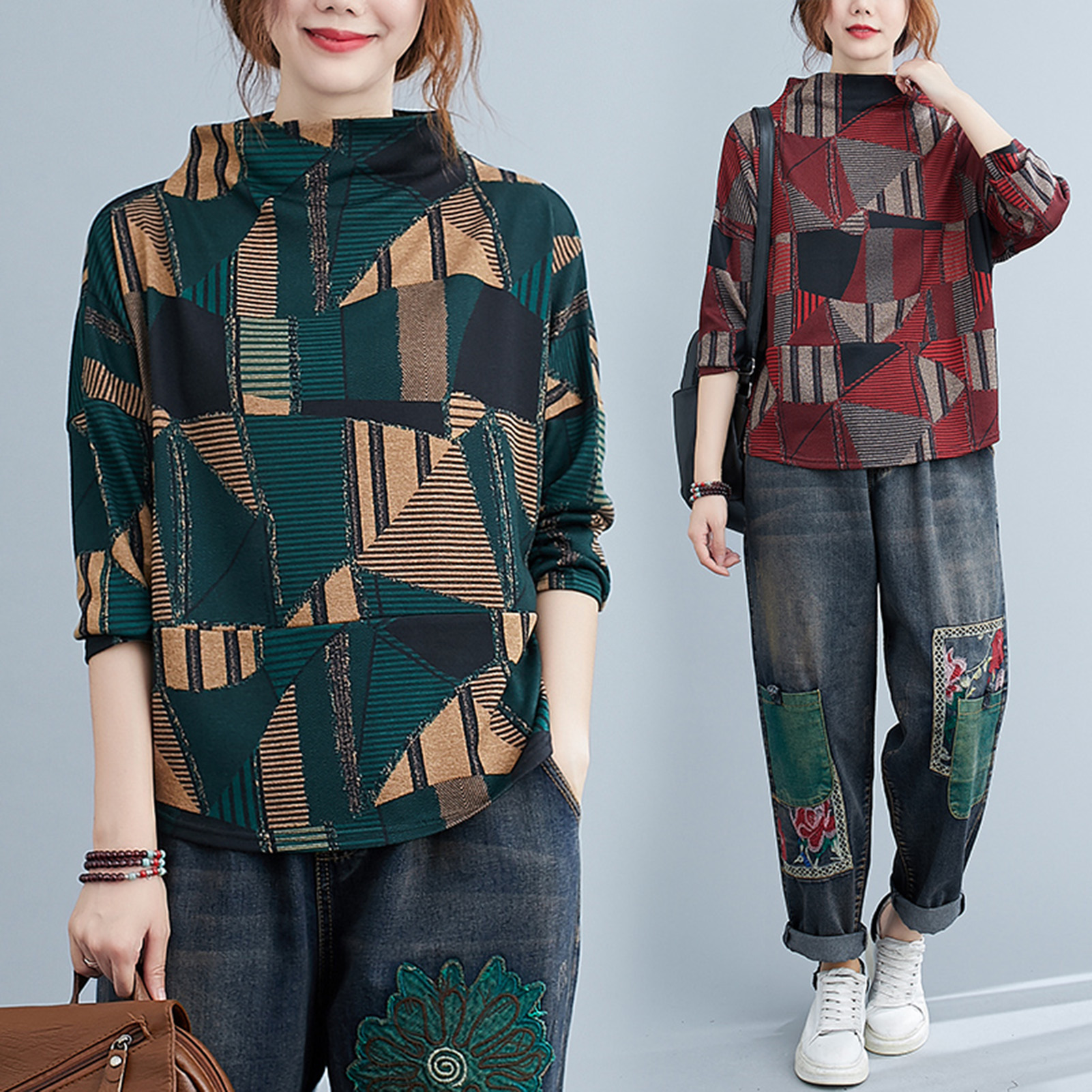 Women Autumn T-Shirt Turtleneck Long Sleeves Sweaters Geometric Print Loose Fit Casual Pullover
