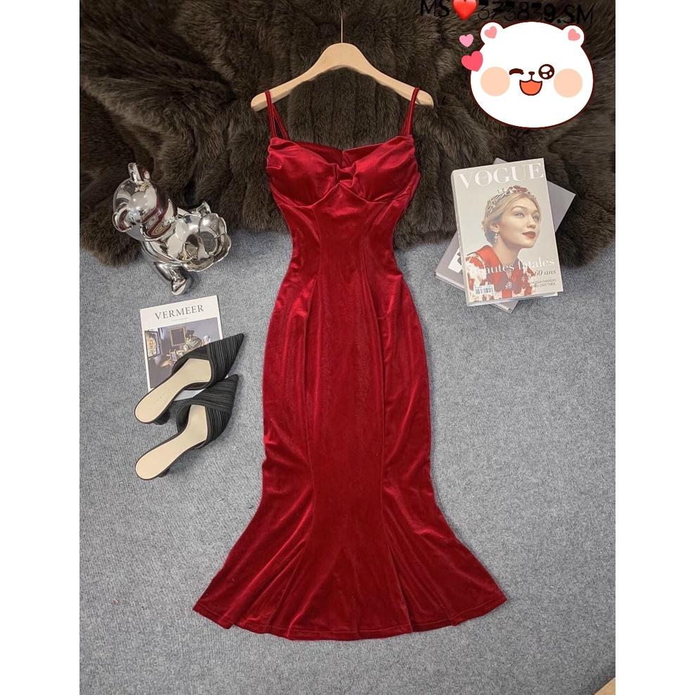 Đầm body nhung 2s cổ đỗ đuôi cá phom chuẩn đẹp