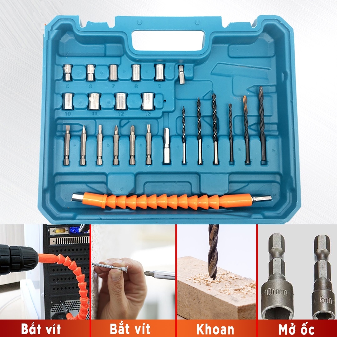 Bộ máy khoan pin RAKUTEN 12V khoan sắt, khoan gỗ máy 2 pin, đảo chiều và mũi khoan