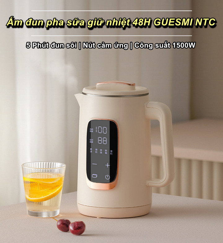 Ấm Đun Nước Siêu Tốc Giữ Nhiệt 48H GUESMI NTC Dung tích 1.5L , Công Suất 1500W , Khử Clo , Nút Cảm Ứng - Home and Garden