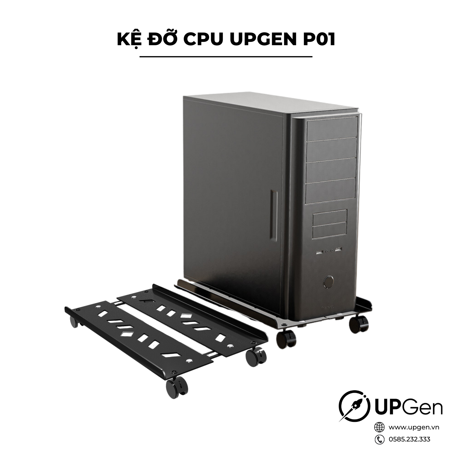 Chân đế PC UPGEN P01 - Chân để CPU - Kệ đỡ CPU đứng có bánh xe và lỗ tản nhiệt không thấm nước hàng chính hãng