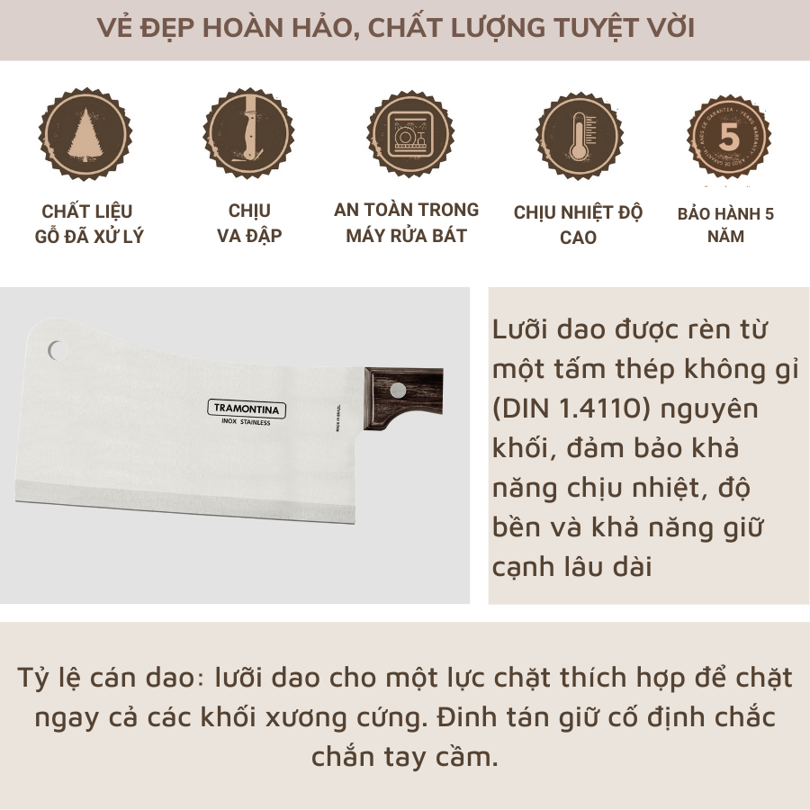 Dao Chặt Xương Tramontina 16cm Cán Gỗ Polywood Chất Liệu Thép Không Gỉ Nhập Khẩu Brazil