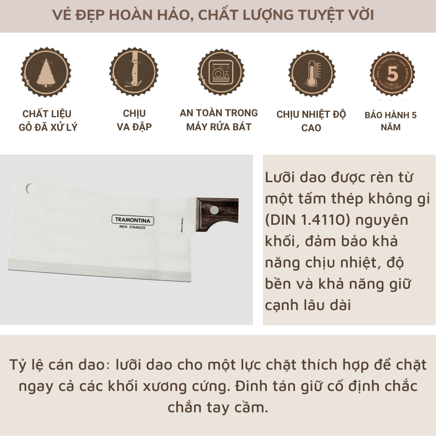 Dao Chặt Xương Tramontina 16cm Cán Gỗ Polywood Chất Liệu Thép Không Gỉ Nhập Khẩu Brazil