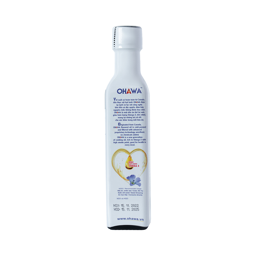 (date T11/25) Dầu hạt lanh ép lạnh bền nhiệt OHAWA - NK Canada - Giàu Omega 3,6,9 - Hữu cơ - Lành mạnh - Phù hợp Eat Clean, Trộn salad - Cho bé ăn dặm - Chai 250ml