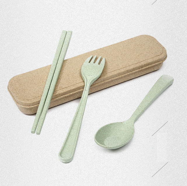 Bộ dụng cụ ăn ba món đũa muỗng nĩa lúa mạch màu ngẫu nhiên