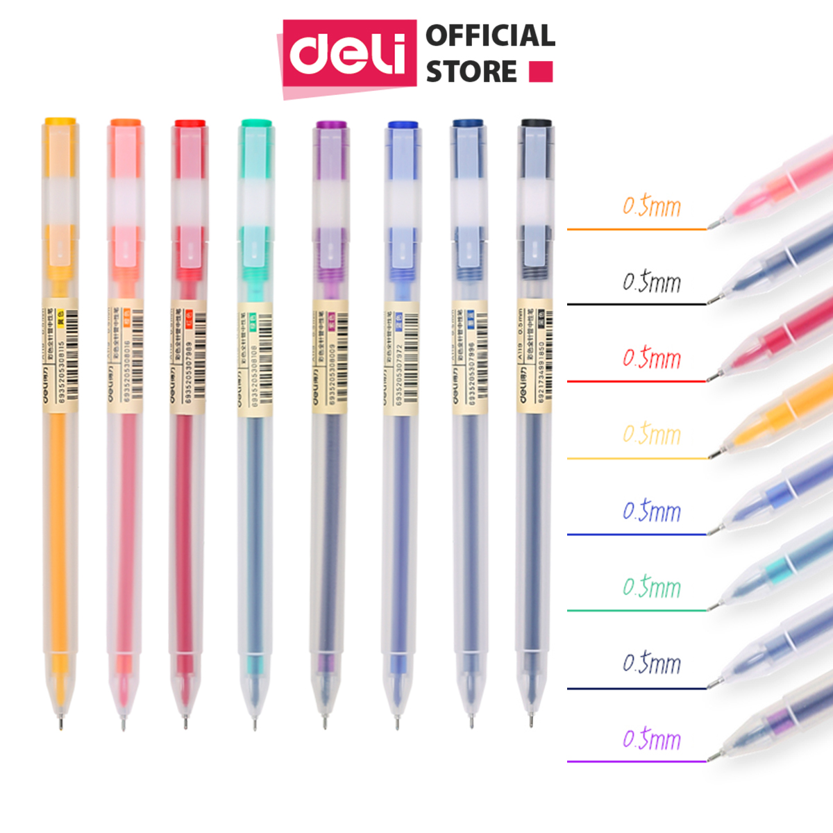 Bút bi gel 0.5mm nhiều màu Deli - Có nắp gài - 1 chiếc - Đỏ/ Xanh Dương/ Xanh Lá/ Tím/ Cam - A119