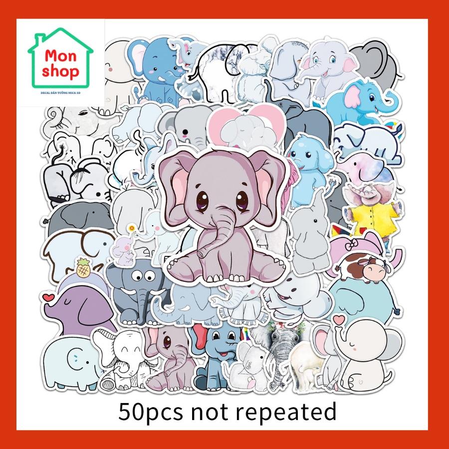 Set 50 Sticker Decal Chống Nước hình voi, hươu,Gấu Pooh Dễ Thương Dán Nón BH, laptop, vali, xe, tập vở