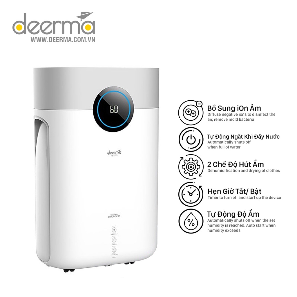 Máy Hút Ẩm Dân Dụng Deerma Ion Âm, Dung Tích Hút Ẩm 12L, Công Suất 200W, Cảm Biến Điện Tử Thông Minh Dành Cho Phòng Diện Tích Dưới 40m2 - Hàng Chính Hãng