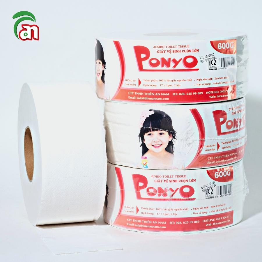 Combo 5 lốc Giấy vệ sinh cuộn lớn PONYO JB600 2 lớp chất lượng cao lụa trơn 600g - Thiên An Nam paper