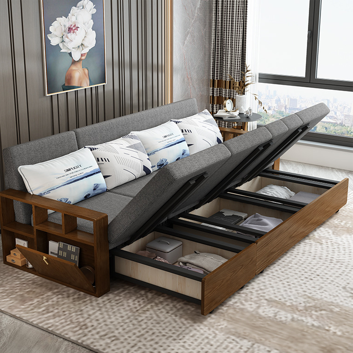 Giường Sofa Thông Minh, Tay Gỗ Sang Trọng , Khung Thép Thiết Kế Hiện Đại KT 1,58m x 1,92m