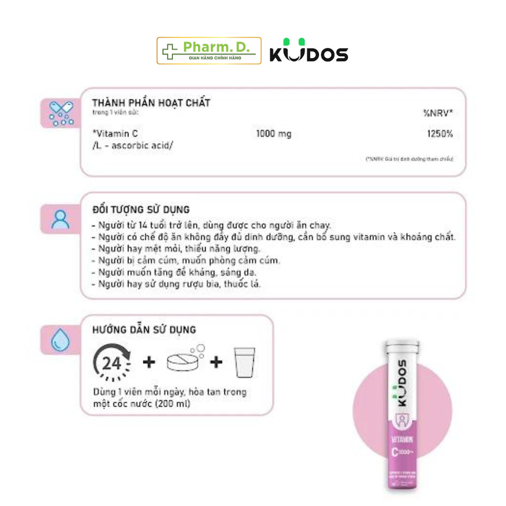 Viên Sủi KUDOS VITAMIN C 1000MG Hỗ Trợ Nâng Cao Sức Đề Kháng