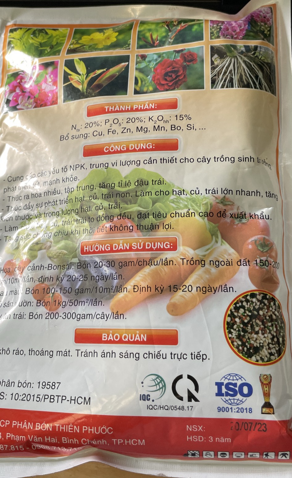 Phân bón NPK 20-20-15 TE gói 1kg HAK