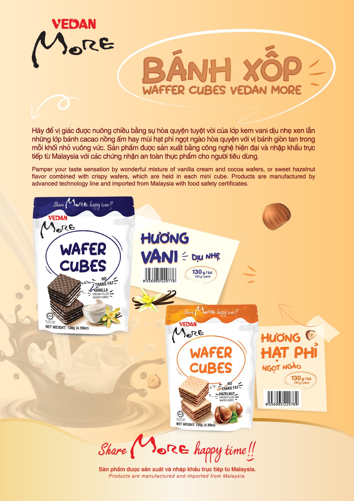 Bánh xốp Wafer Cubes hương Vani Vedan More 130g