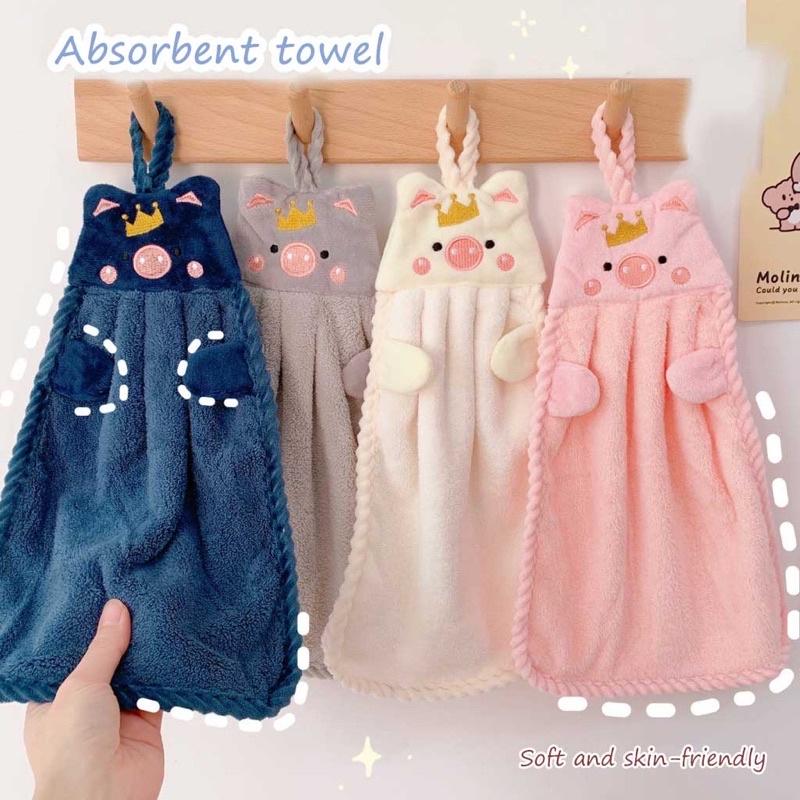 Khăn lau tay nhà bếp có quai treo thêu hoạ tiết HÌNH HEO siêu mềm mại và thấm hút tốt - Khăn lau tay treo tường hình heo