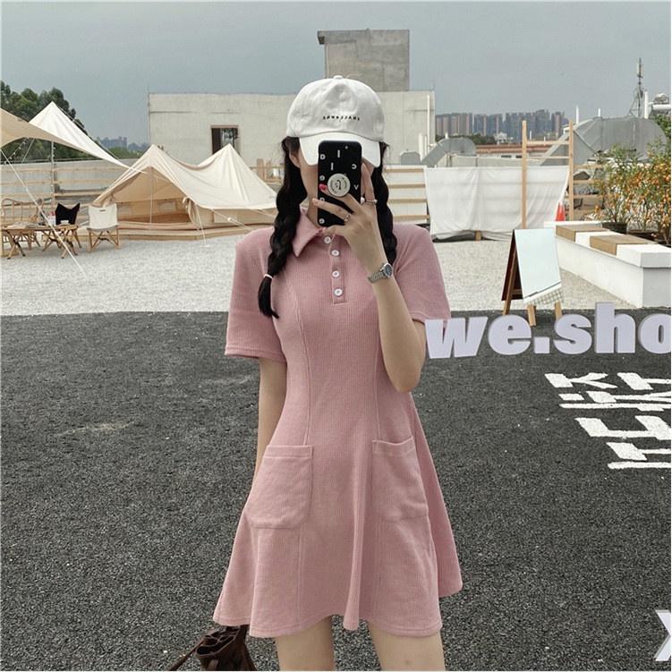 Đầm Polo Nữ Túi Trước Cộc Tay Triết Eo Cổ Bẻ