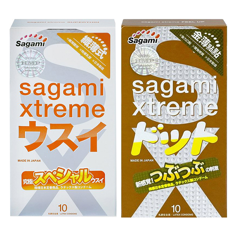 Bộ Bao Cao Su Siêu Mỏng Co Dãn Sagami Xtreme Super Thin (10 Bao) Và Bao Cao Su Siêu Mỏng Co Dãn Sagami Xtreme Feel Up (10 Bao)