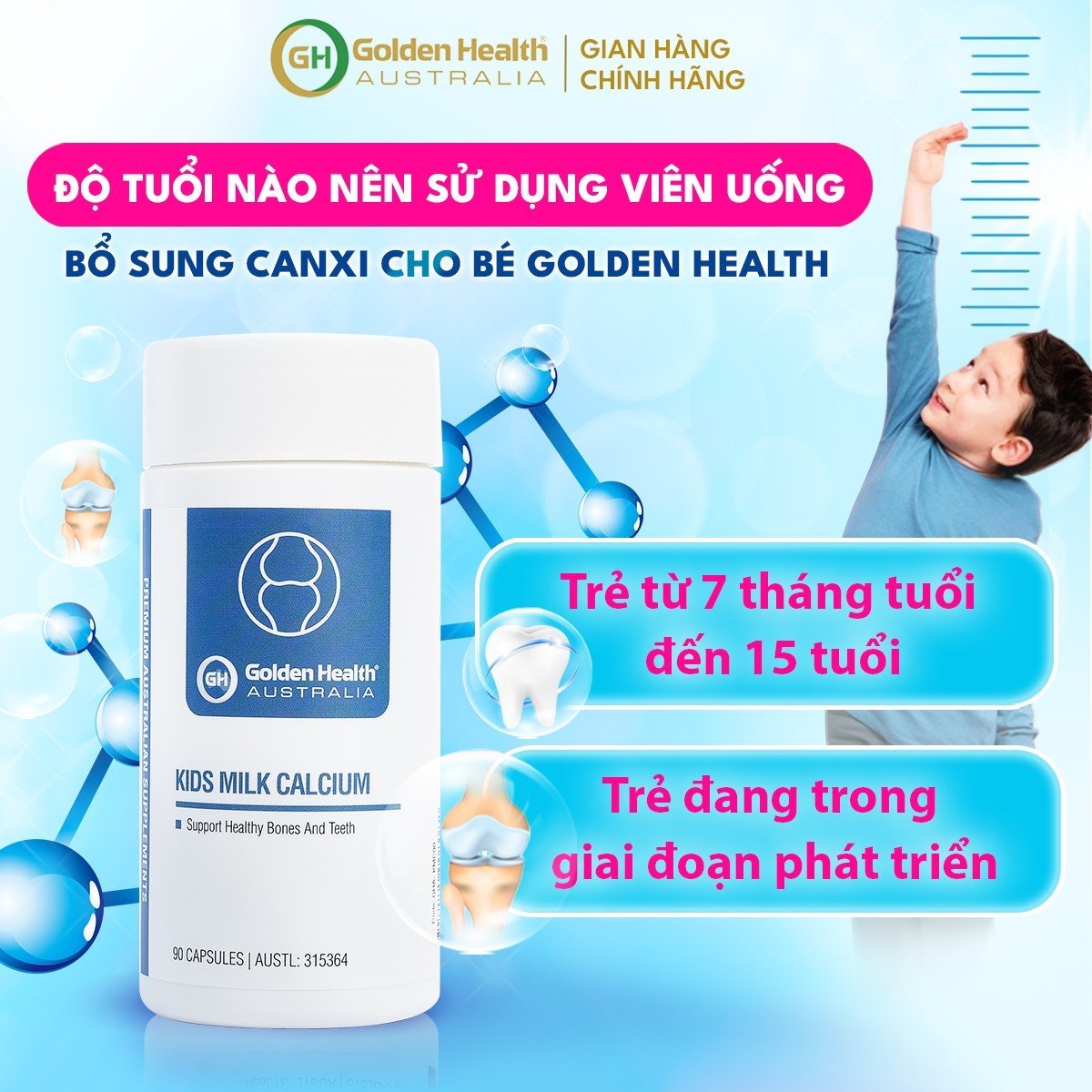 Viên Uống Hỗ Trợ Chắc Xương và Tăng Chiều Cao Cho Bé Golden Health Kids Milk Calcium Hộp 90 viên