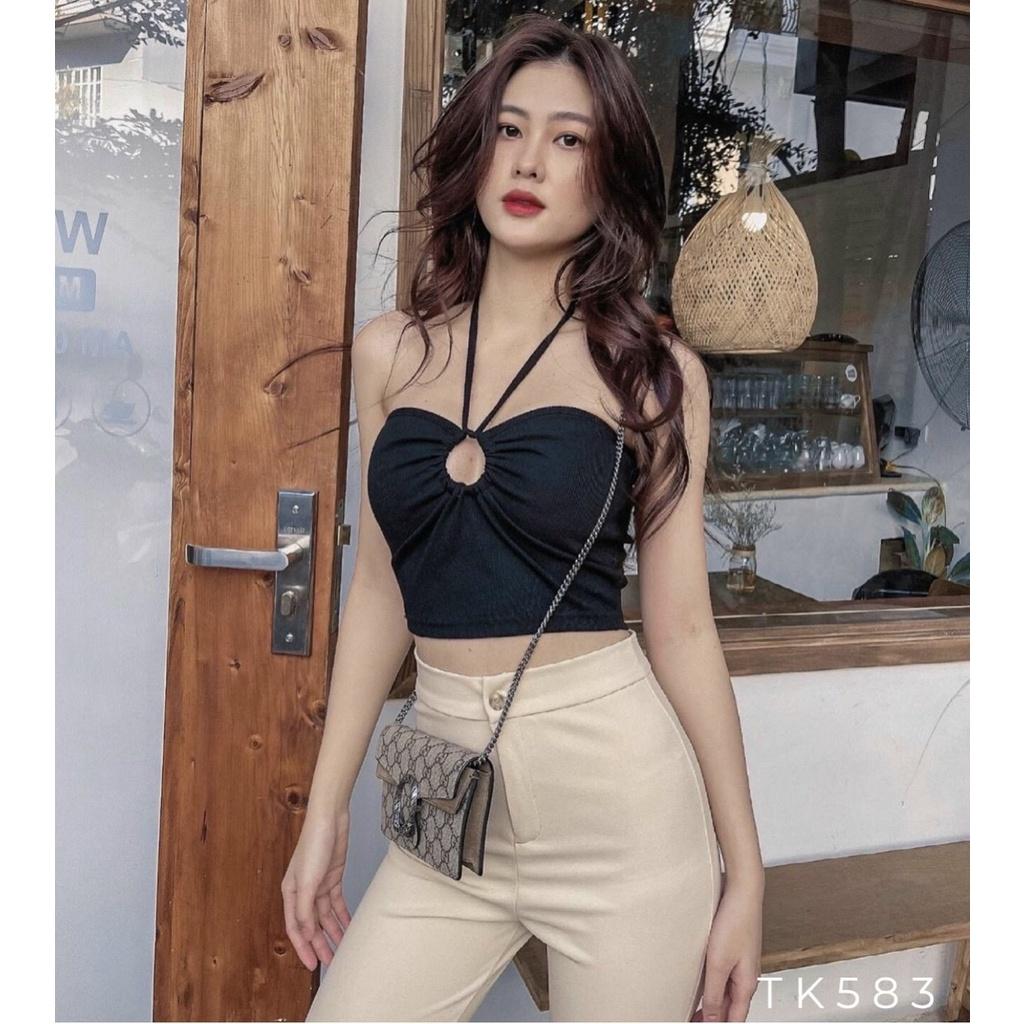 ÁO CROPTOP THUN KHOÉT NGỰC DÂY - TRẮNG ĐEN XANH GD196