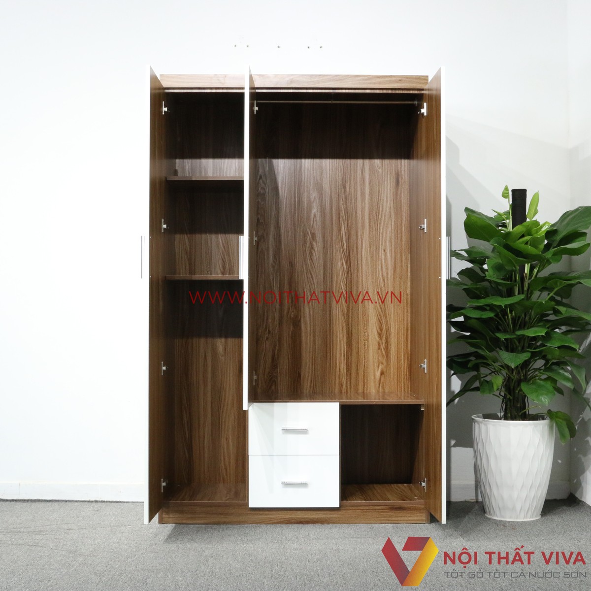 Tủ Áo 3 Cánh Cửa Mở Gỗ MDF Melamine Màu Óc Chó Cánh Trắng Đẹp Giá Rẻ