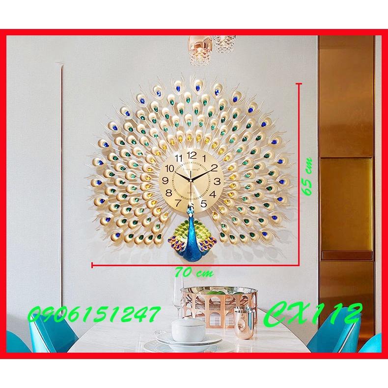 Đồng hồ treo tường trang trí decor chim công CX112 Khổng Tước vàng kích thước 70 x 65 cm