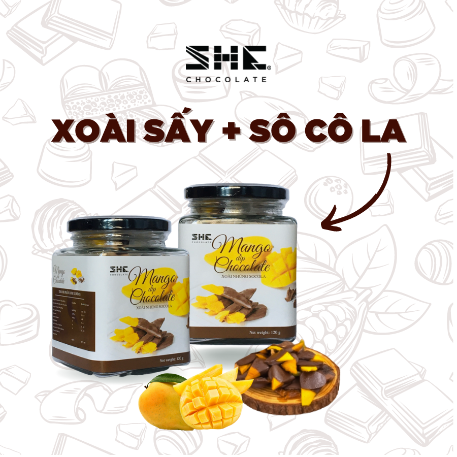 Combo 2 hũ Xoài nhúng Socola - SHE Chocolate - Hũ 120g -  Hương vị đa dạng, bổ sung năng lượng, tốt cho sức khỏe. Quà tặng người thân, dịp lễ, thích hợp ăn vặt