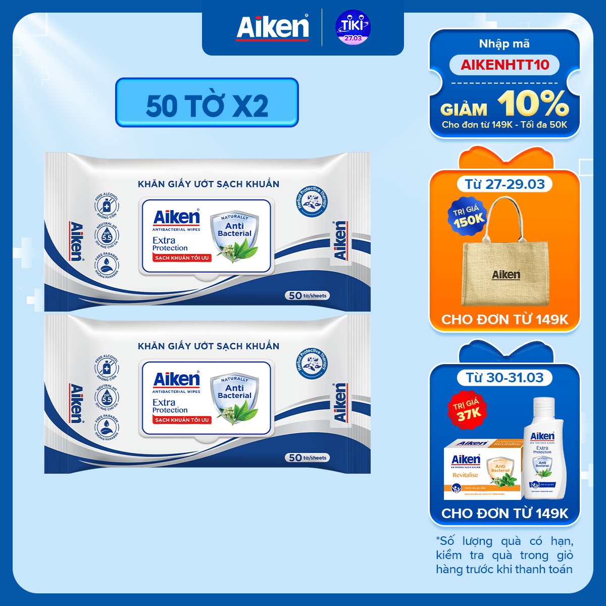 Aiken Combo 2 Gói Khăn Ướt Sạch Khuẩn Chiết Xuất Trà Xanh 50 tờ/gói