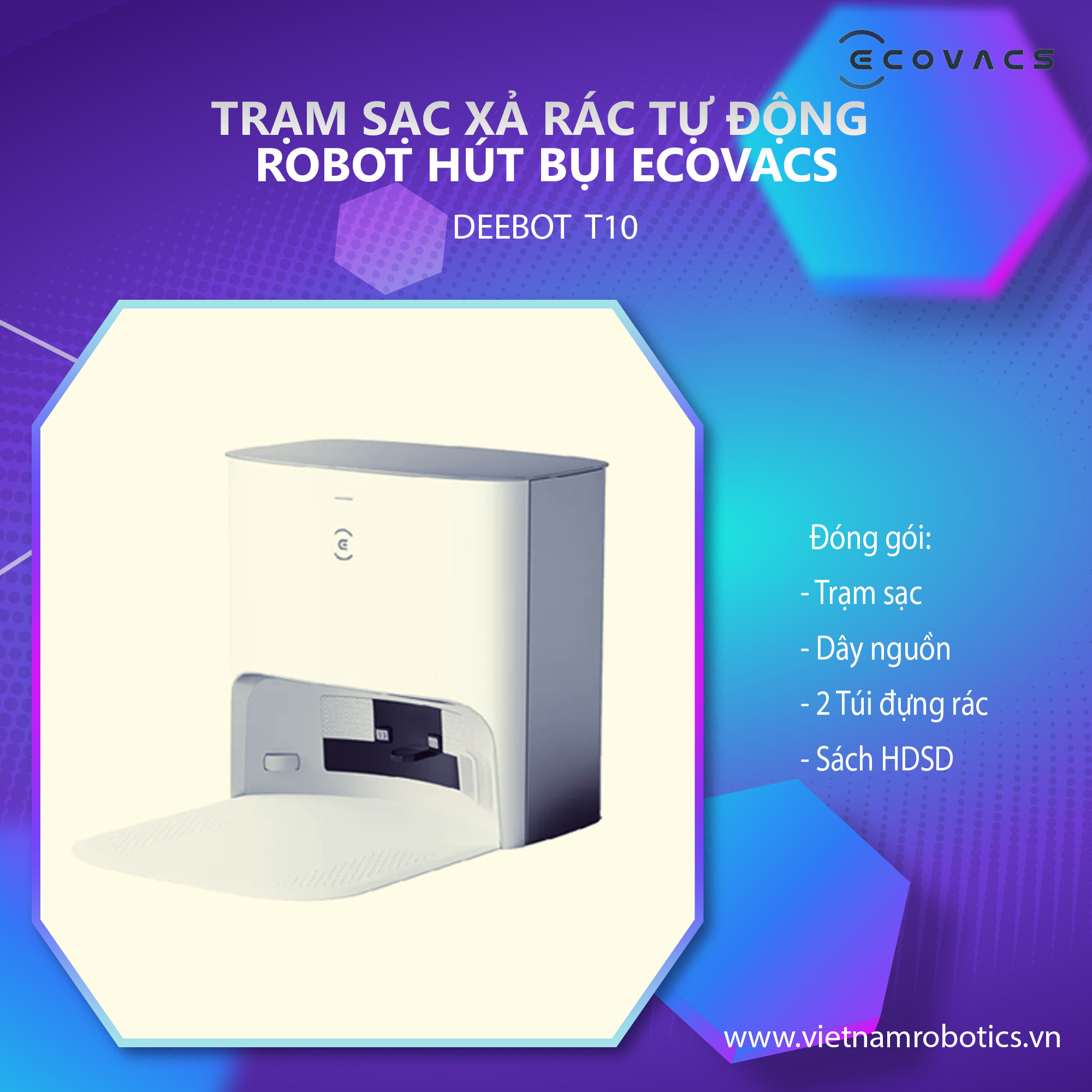 Dock sạc hút rác tự động cho robot hút bụi lau nhà Ecovacs Deebot T10 - Hàng Chính Hãng