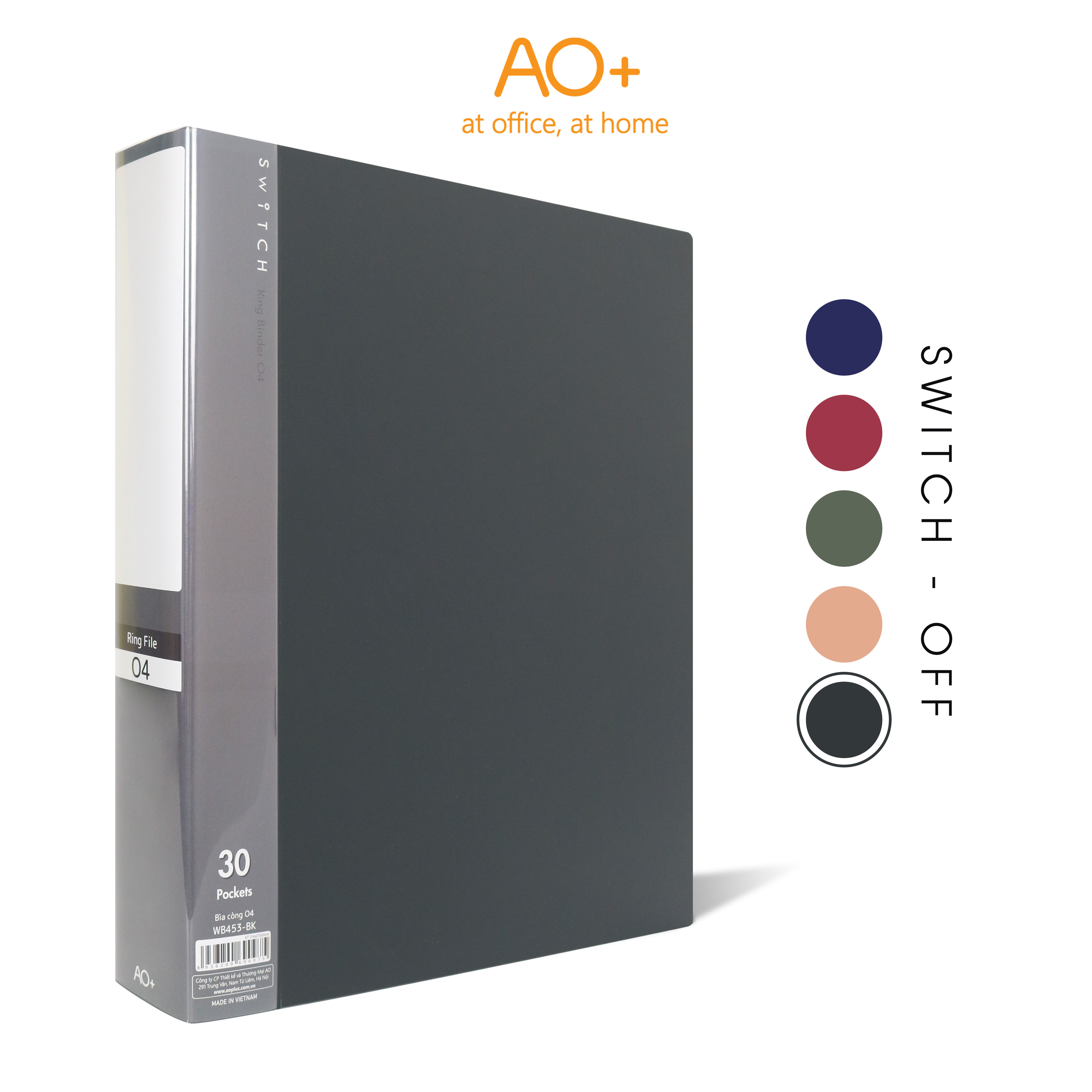 Bìa Còng O4 Switch OFF AO+, Nhựa PP/ A4, 4 Nhẫn O, Kèm Bộ Phân Trang và Túi Sơ Mi Lỗ, (25/35/50 mm)