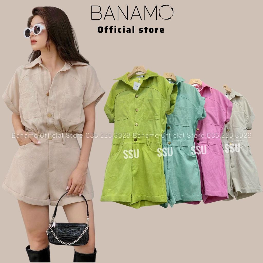 Bộ Jumpsuit cổ sơ mi liền quần gập gấu chất nhung tăm thời trang Banamo Fashion set Jumpsuit 151