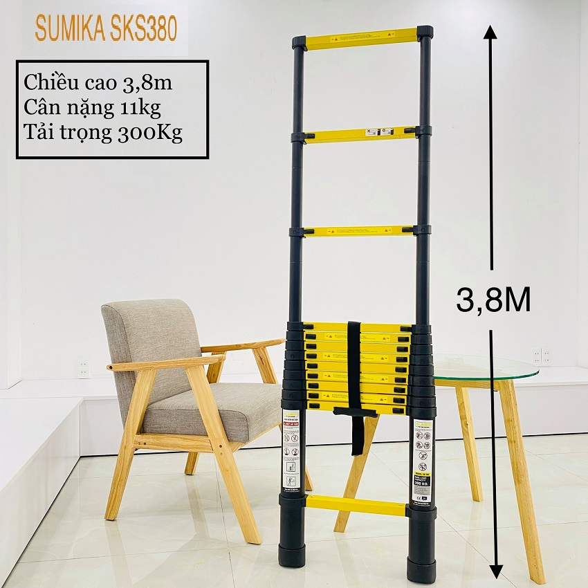 Thang Rút Đơn, Thang nhôm rút gọn SUMIKA sks380, sks440, SKS510 - Chiều cao tối đa 3.8m - 5.1m, sơn tĩnh điện, chống trầy xước, khóa chốt cao cấp, đế cao su chống trượt - Luôn Có Phụ Kiện Thay Thế