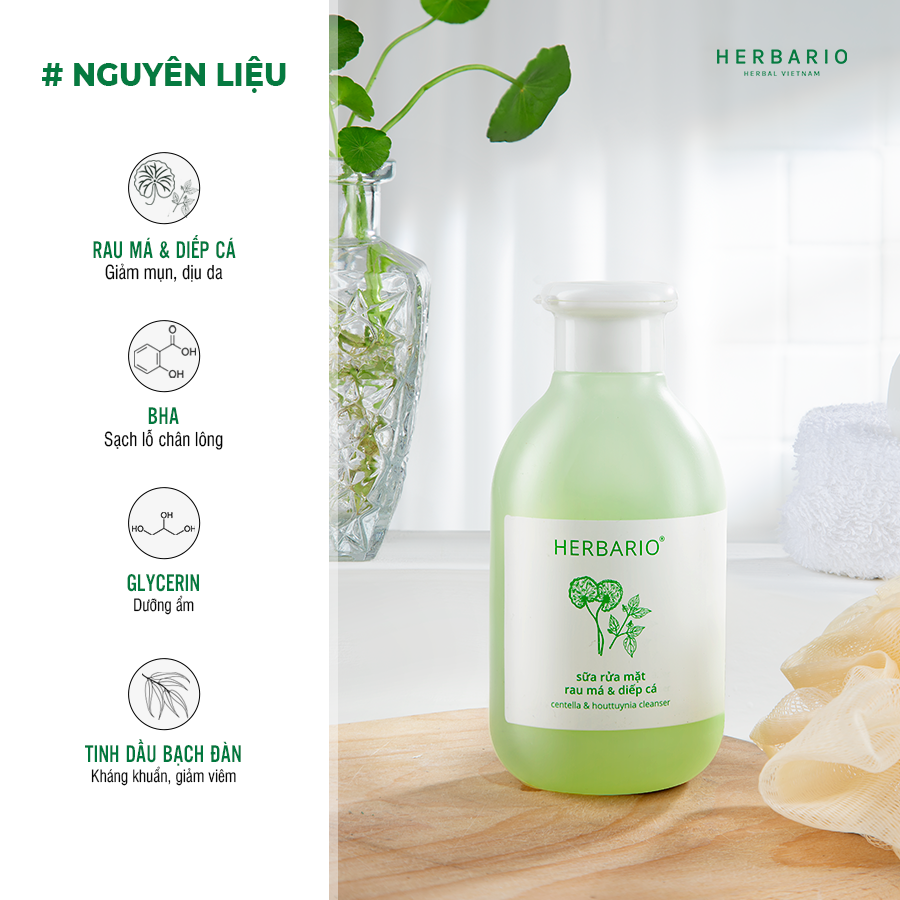 Bộ 5 Chăm Sóc Da Rau má và Diếp cá Herbario: Nước tẩy trang 300ml + Sữa rửa măt 200ml + Xịt khoáng 100ml +Mặt nạ 30ml+Tinh chất 30ml