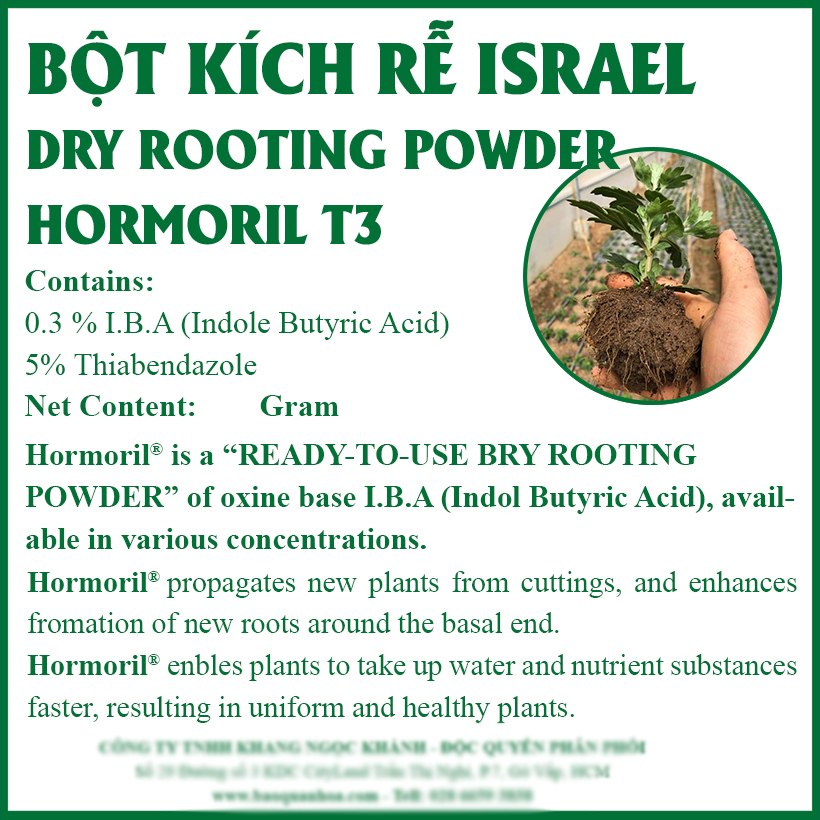 Bột Kích Rễ Israel - Dry Rooting Power Hormoril T3 dùng kích thích ra rễ nhanh, khỏe trong việc giâm chiết cành hay cây con họ thân mềm