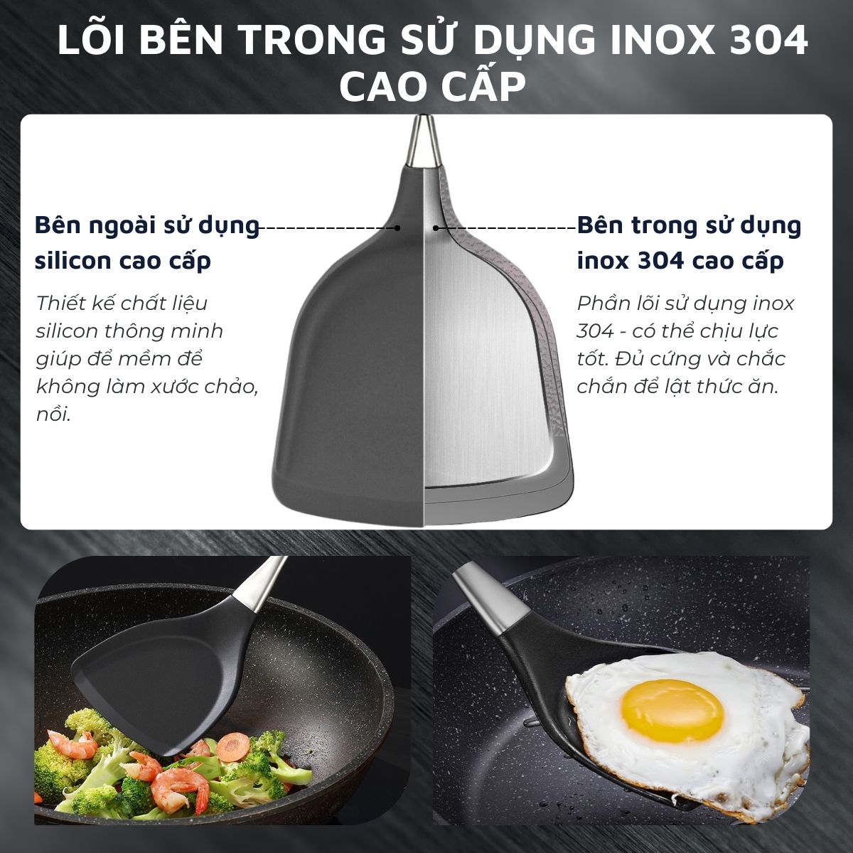 Muỗng xào DandiHome Inox 304 kết hợp bề mặt muỗng silicon cao cấp - chịu được nhiệt độ cao, an toàn với chảo chống dính